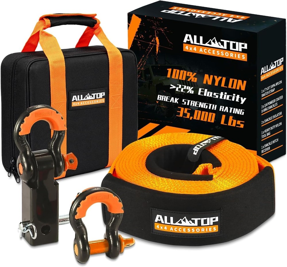 Durable Nylon Recovery Kit 35000lb Snatch Strap + Rustproof Hitch Receiver