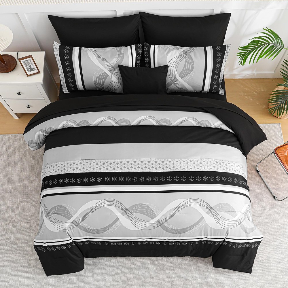 Comforter Set Size,8 Pieces Boho Bed in a Bag Patchwork Striped Queen Black