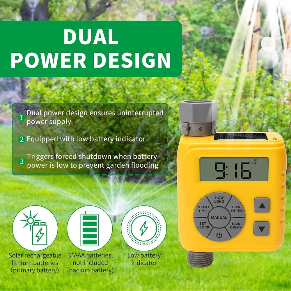 Sprinkler Timer, Programmable Irrigation Water Timer for Garden Hose, Solar/Batt