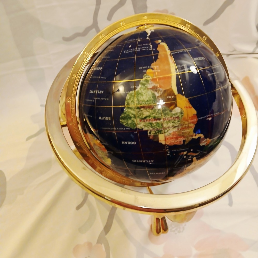 Blue Lapis Gemstone World Globe with Brass Stand and Compass