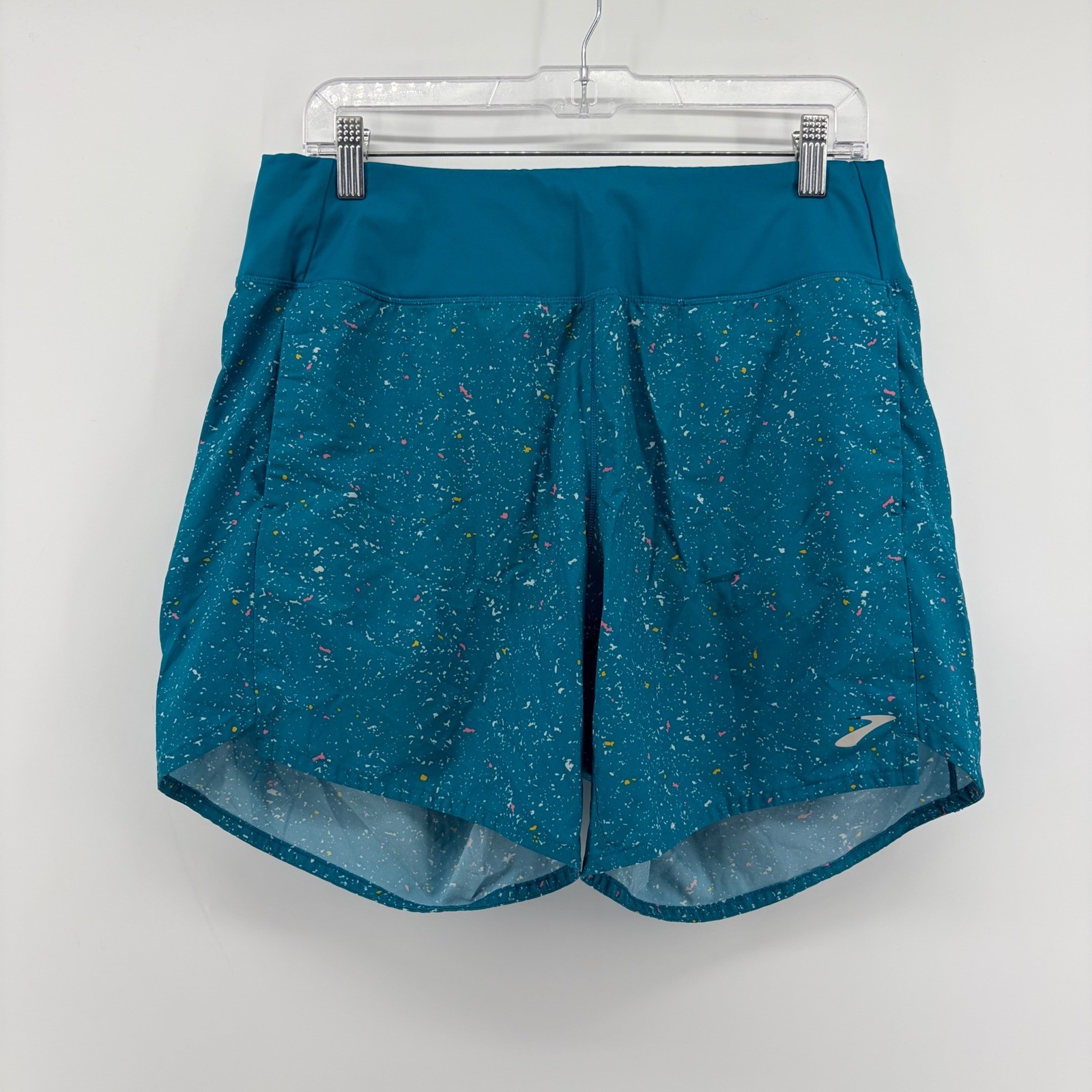 Brooks Chaser 7" Running Shorts Teal Splatter Women Size L Confetti Print