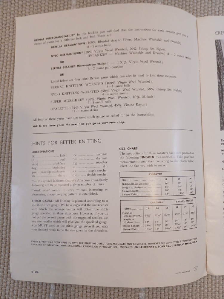 1966 Berella Germantown Bernat Basic Six Sweater Pullover kNITTING PATTERN-MG4