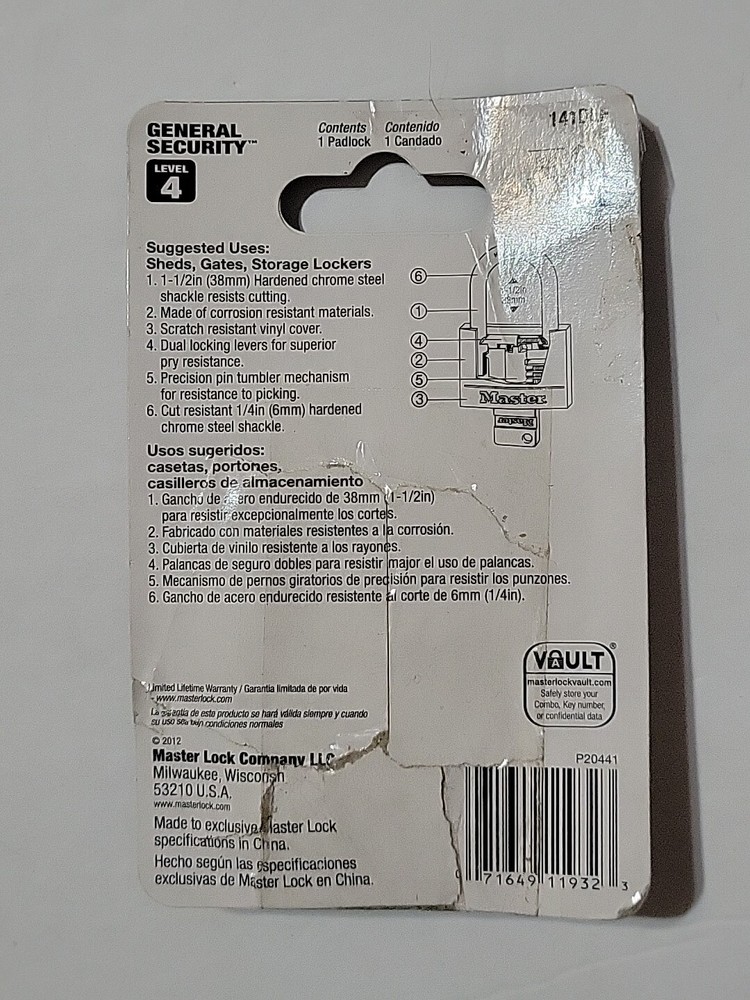 Master Lock 141DFL Black 1-9/16" WideBODY Solid Body Padlock OPENED PACK