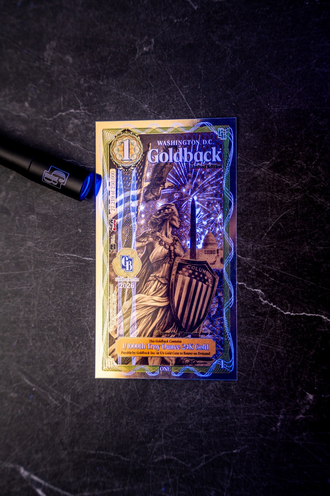 1 WASHINGTON DC Goldback Aurum Gold Foil Note 1/1000 oz 24kt .999 Fine GOLD PRES