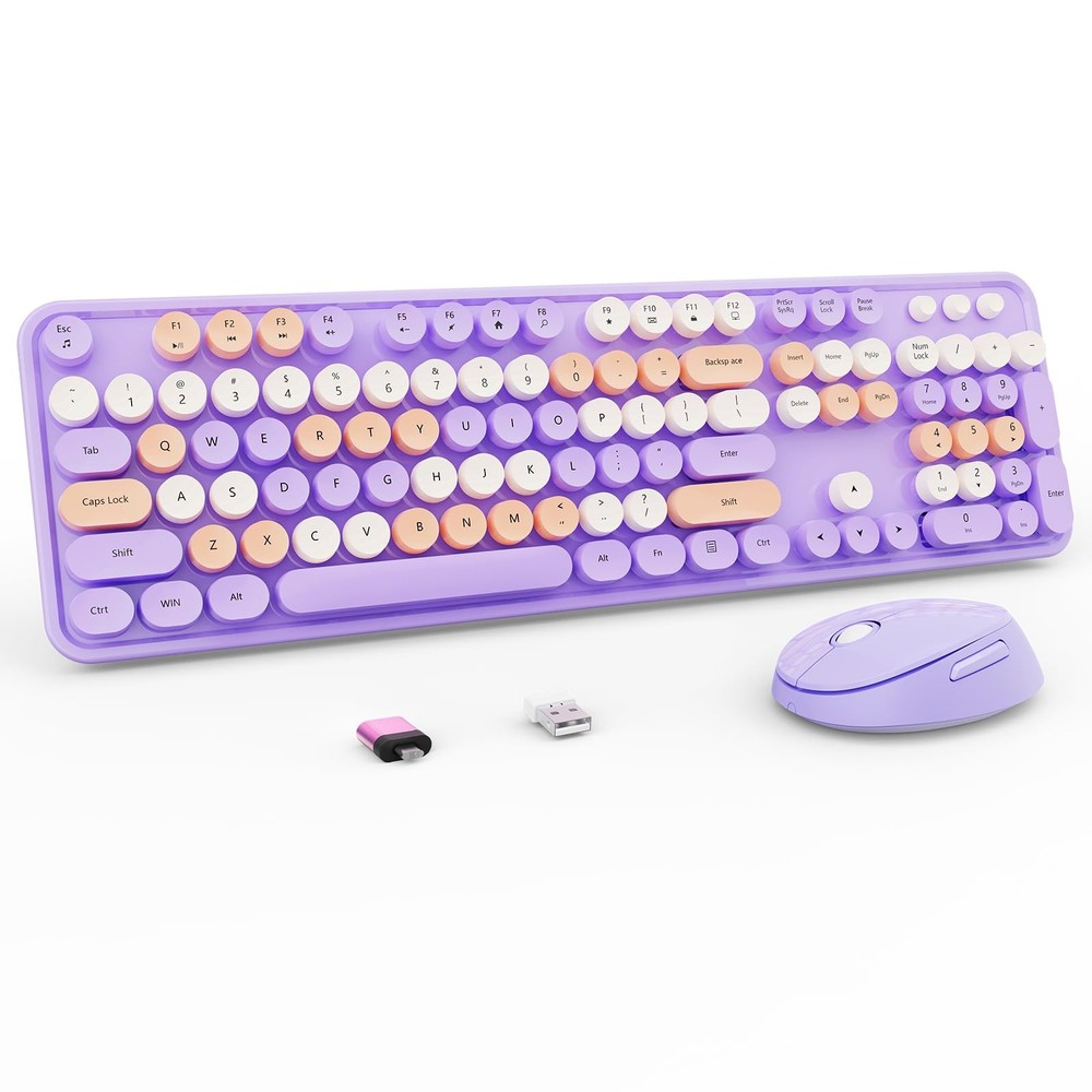 Wireless Keyboard and Mouse Combo, Retro Typewriter Keyboard with Round Keyca...