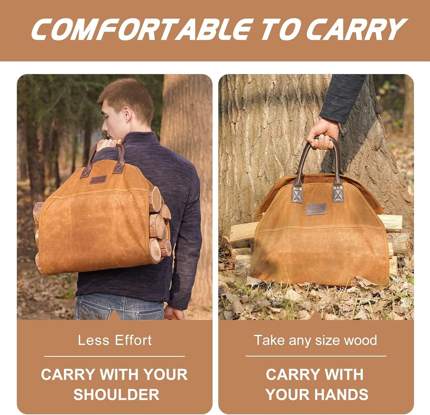 Firewood Carrier Waxed Canvas with Leather Handles, Wood Carrier for Firewood