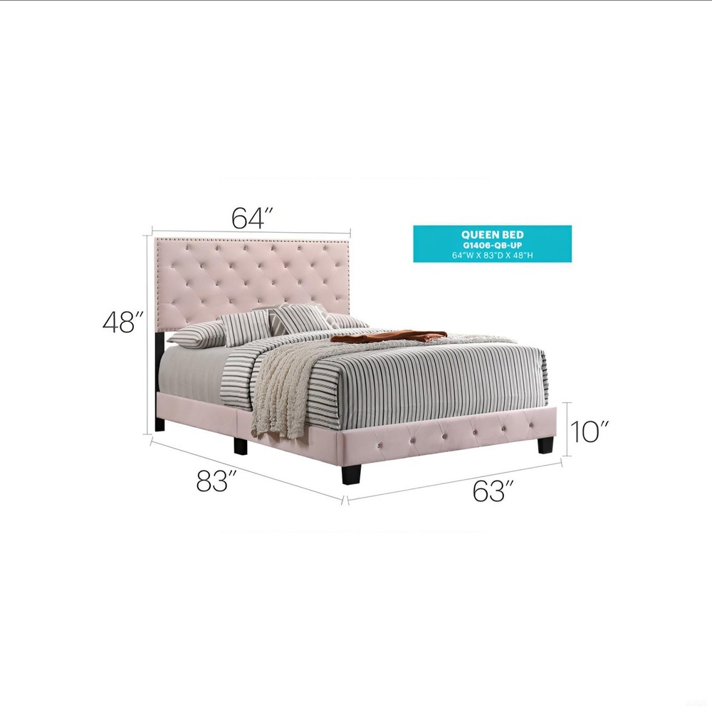Charming Pink Transitional Queen Bed, Wooden Bed Frame with Headboard