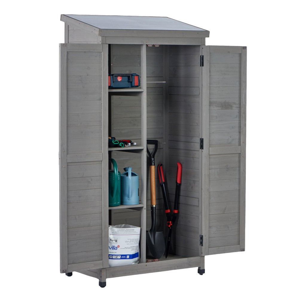 Outdoor Wooden Storage Shed W Metal Top Tall Vertical Tool Cabinet