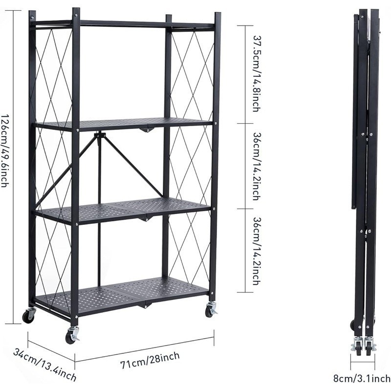 Folding 4-Tier Storage Shelf Rolling Utility Rack Kitchen Garage Organization US