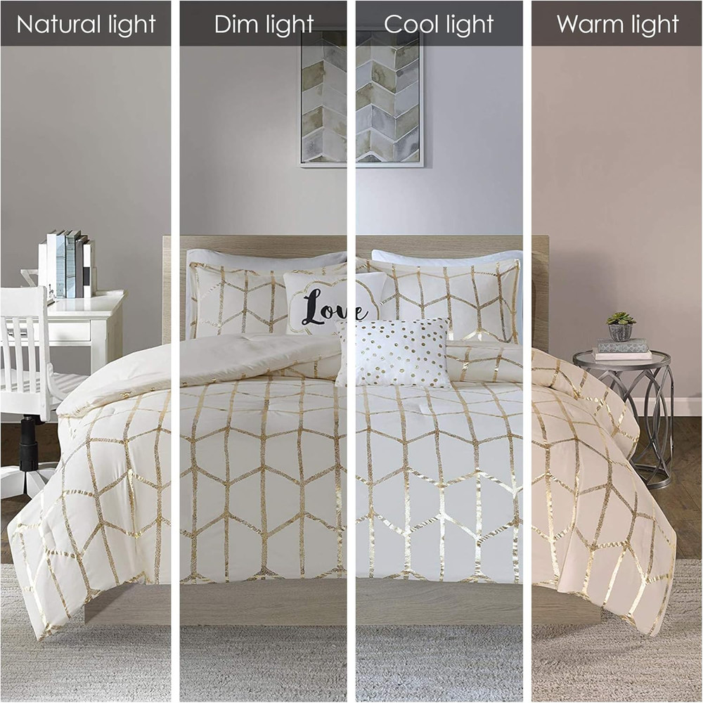 Raina King/Cal King Comforter Set, Soft Microfiber, Modern Geometric Metallic Be