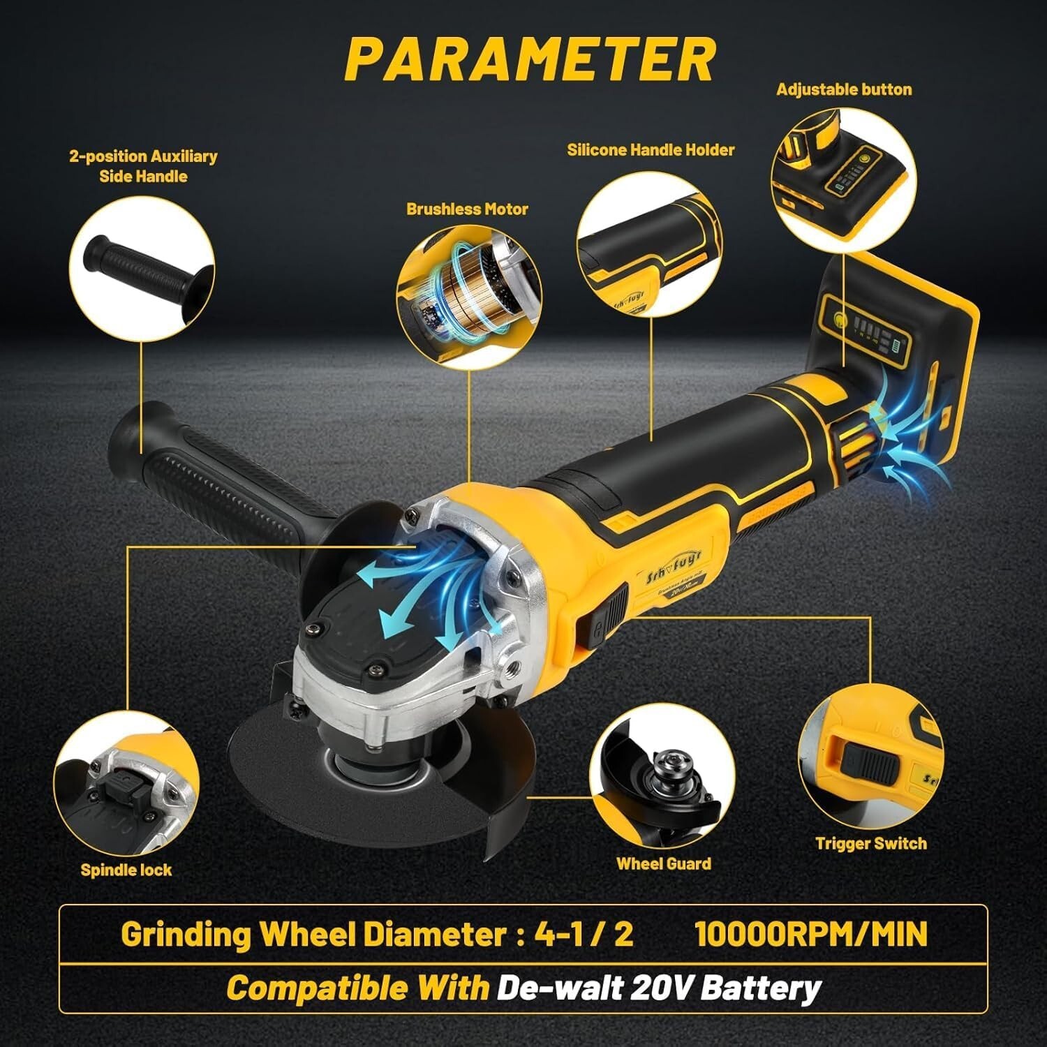 Cordless Angle Grinder Fits Dewalt 20V Battery (No Battery) 4-1/2 in. 10000 RPM