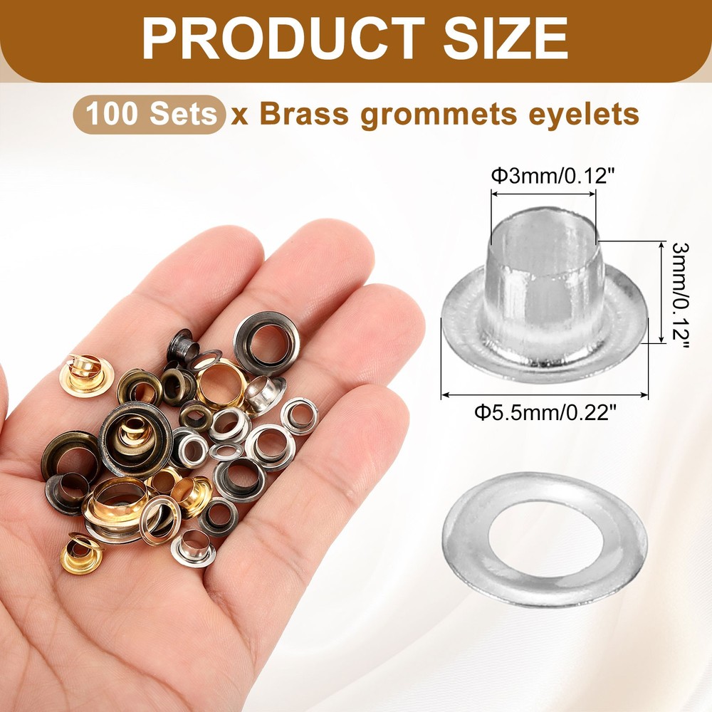 100 Sets Grommets Eyelets, 3mm Brass Self Backing Eyelets, Silver Tone