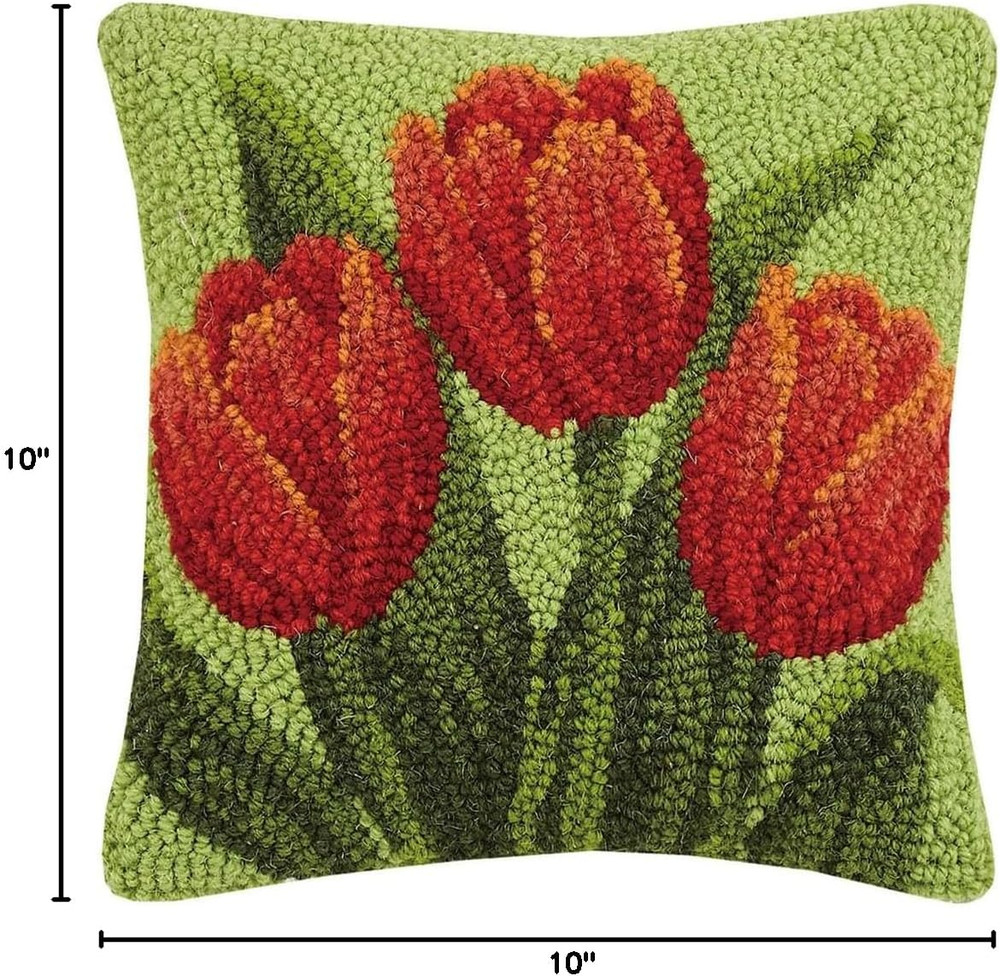 Red Tulips 10" Square Hooked Wool Throw Pillow with Polyfill Insert