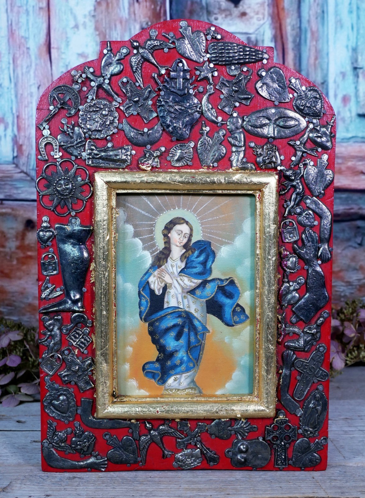 Virgin Immaculate Conception Retablo Milagros Original Painting Mexican Folk Art