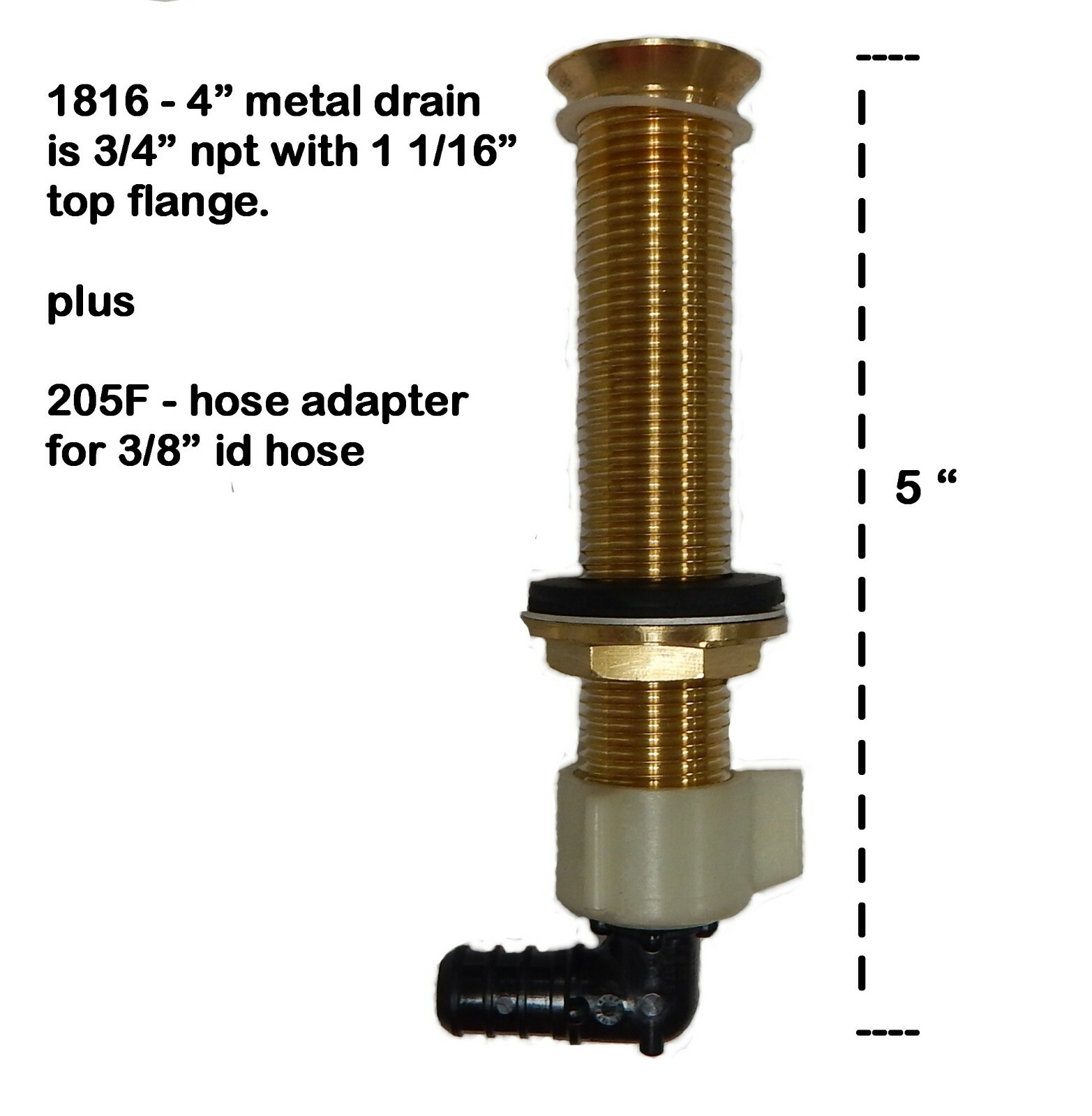 1816 + 205F - 4 " DRAIN ASSEMBLY FOR DRIP TRAY W/ ADAPTER - KEGERATOR PARTS