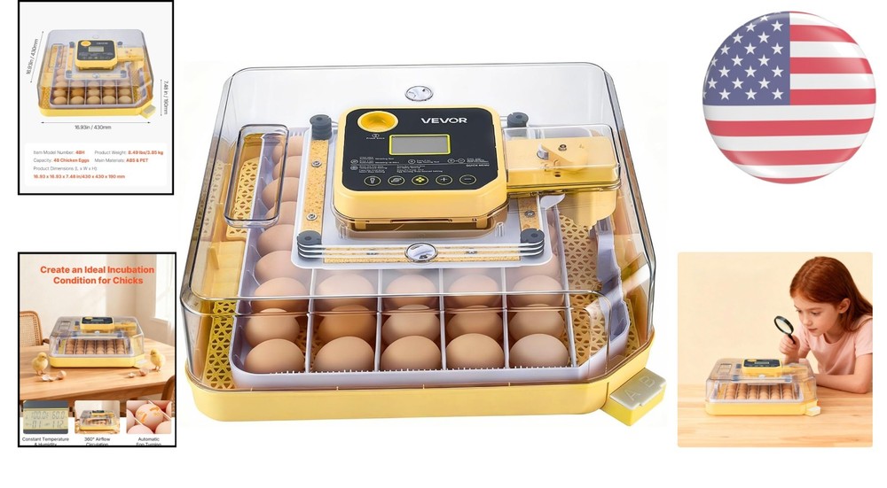 Efficient 48 Egg Poultry Incubator with 360° Clear Window & Stable Design