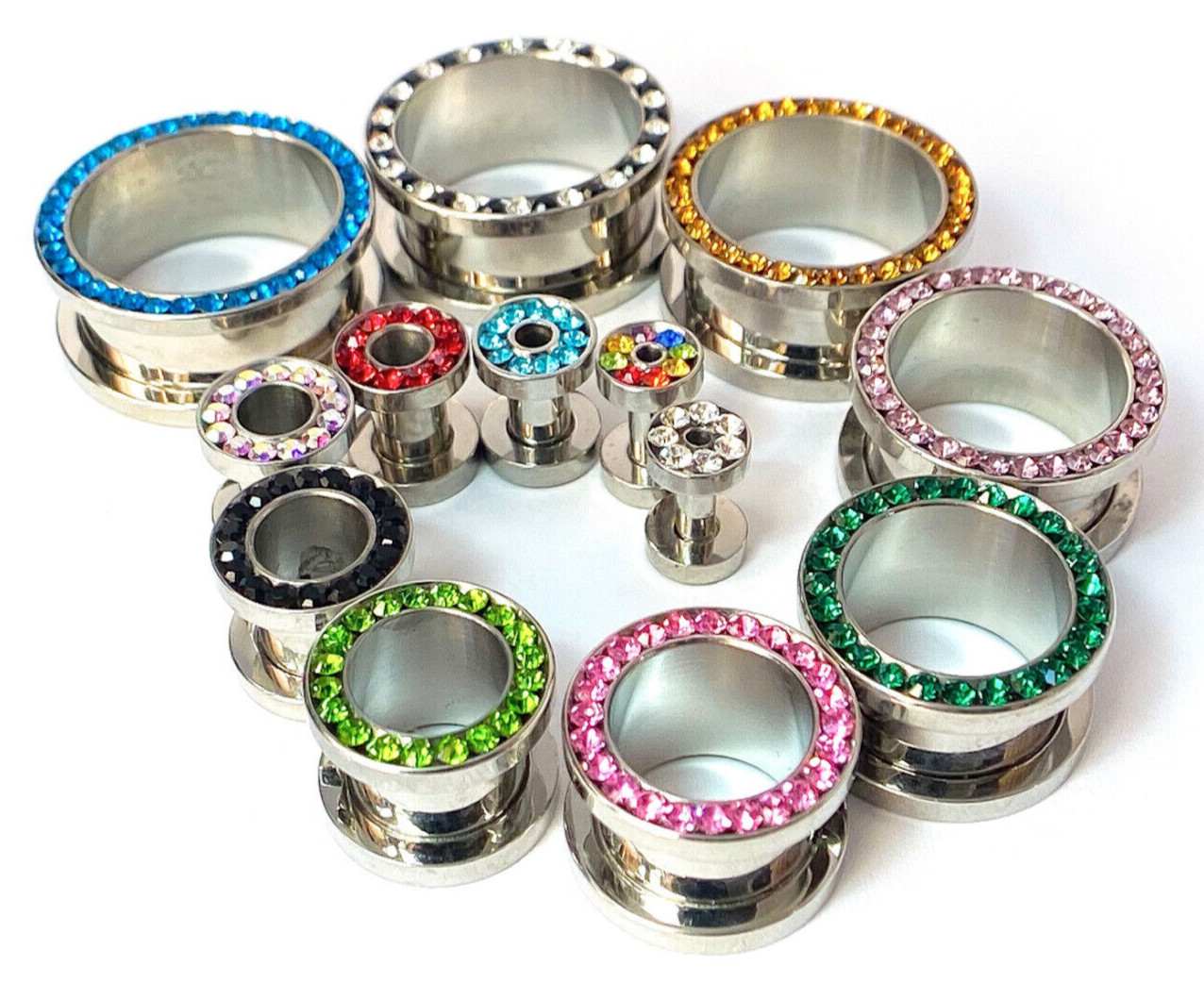 PAIR Cubic Zirconia Gem Rimmed Steel Screw Fit Tunnels Plugs Earlet Gauges