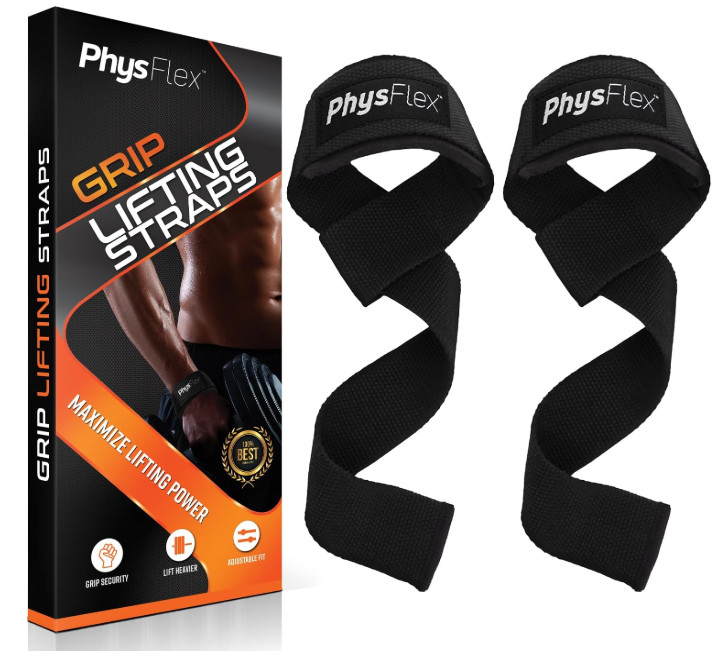 PhysFlex Grip Lifting Straps For Weightlifting & Strength Training Black 1 Pair