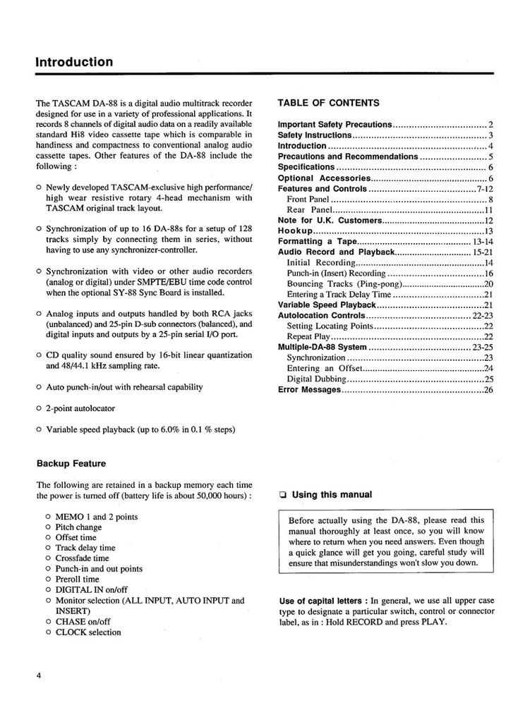 Tascam DA-88 Instruction Manual User Guide Coil Bound 26 Pages