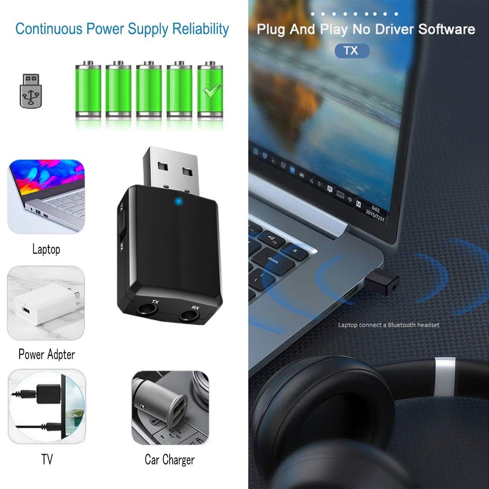 USB Bluetooth Audio Transmitter Receiver 3-in-1 Wireless Adapter HiFi 3.5mm AUX
