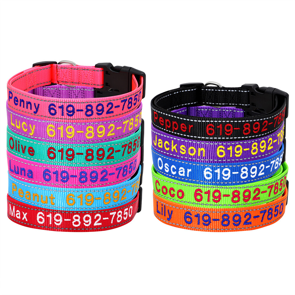 Custom Personalized Dog Collar Embroidered Pet ID Name Number Reflective Nylon