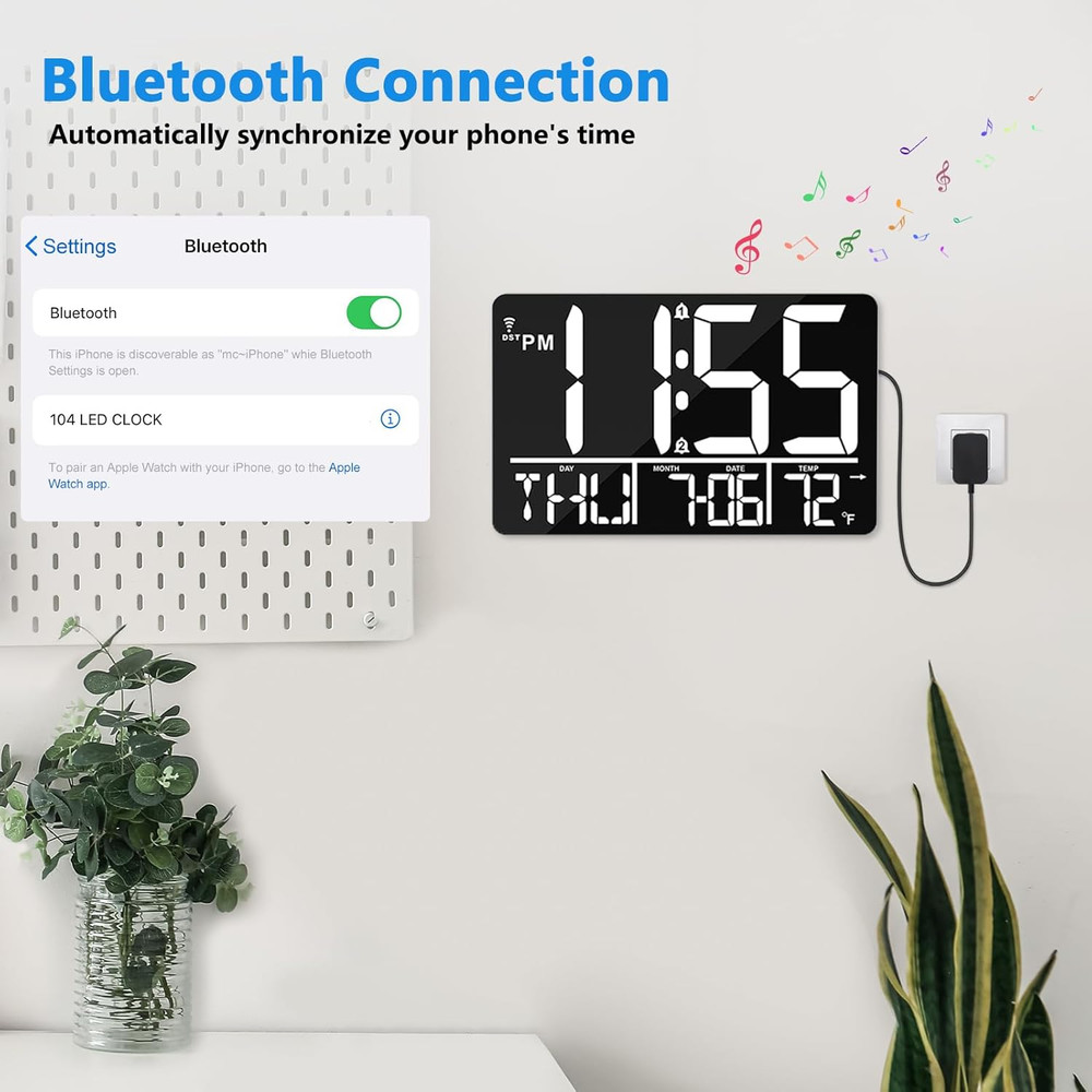 13" Bluetooth Auto Sync Wall Clock - Large Digital Alarm Clock with Remote, 25 R