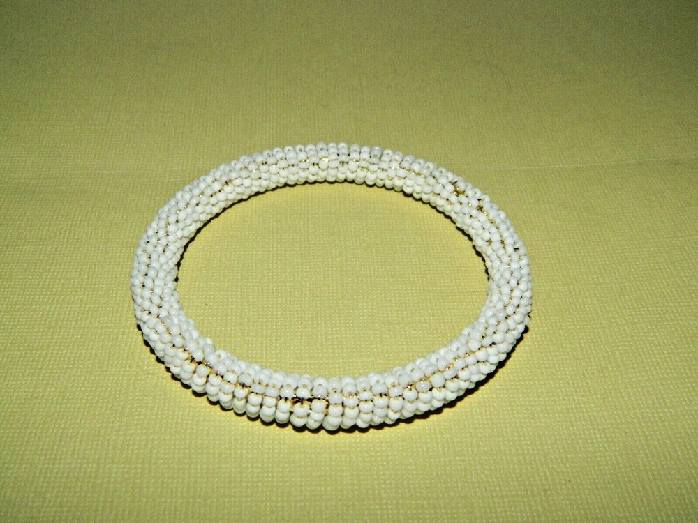Tiny White Bead & Goldtone Beaded Bangle Bracelet