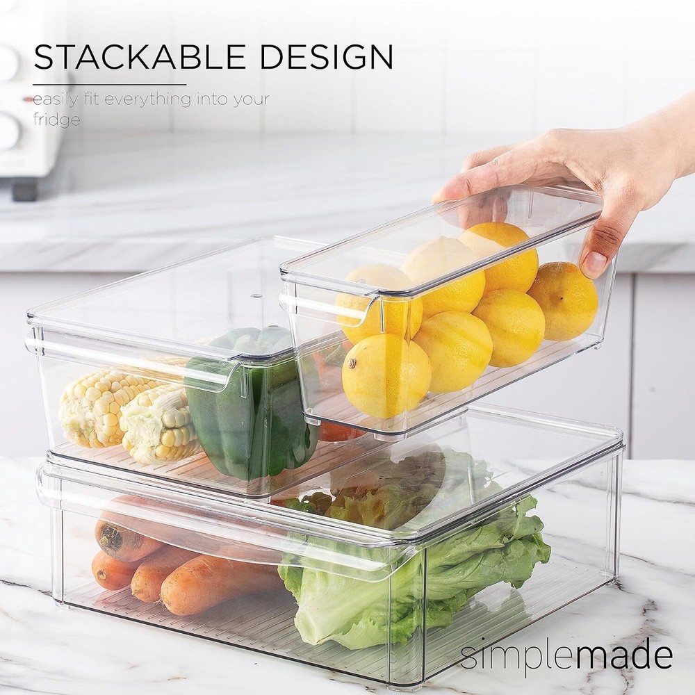 SIMPLEMADE Clear Refrigerator Organizer Bins with Lids - Stackable 3