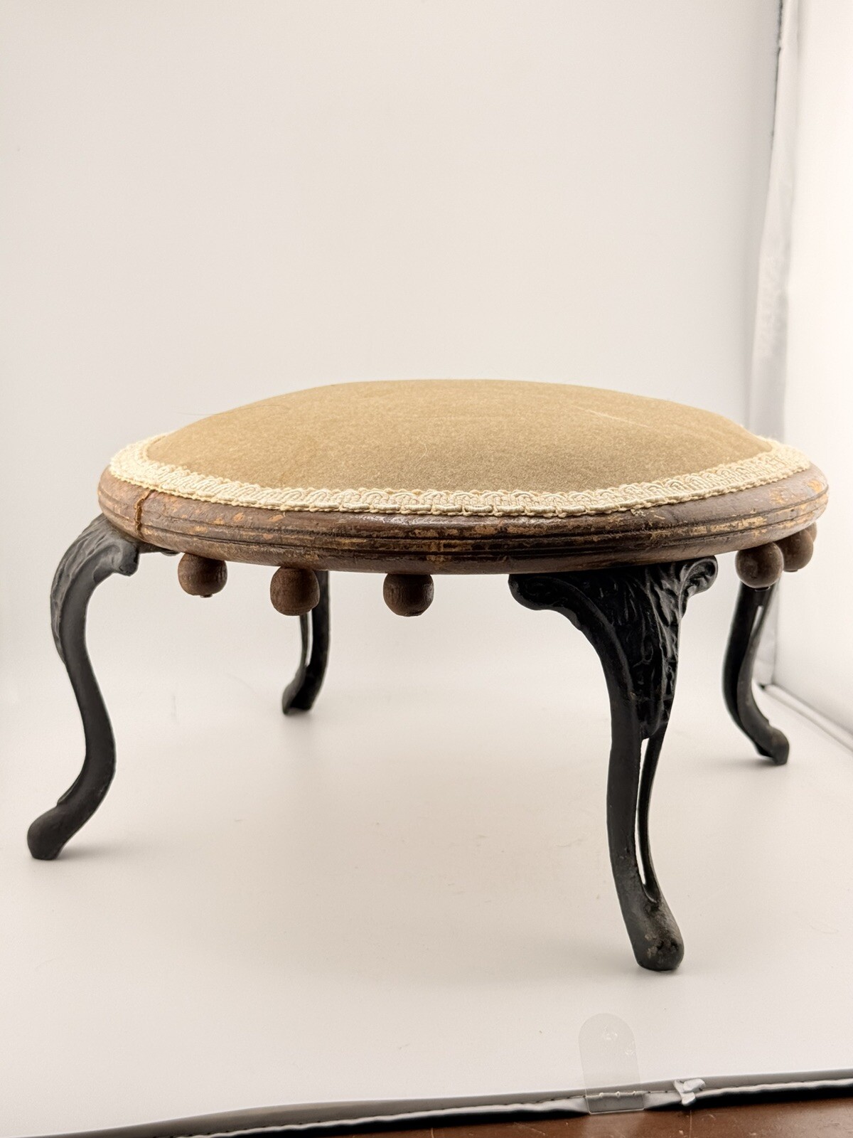 Antique Victorian Cast Iron Wood Foot Stool Ornate Read Description Partial Labe