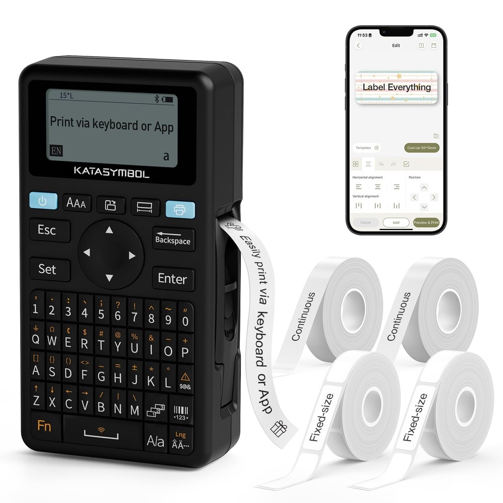 E11 Bluetooth Label Maker Machine 4 Tapes Rechargeable Inkless Printer Black