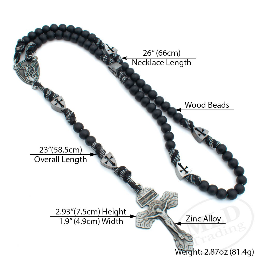 Saint St Michael Black Rosary Necklace – Large Paracord Wood Beads Design 26"