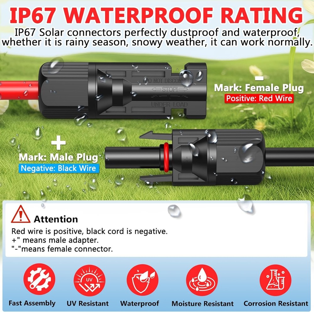 2x50 Feet Solar Panel Extension Cable- 10AWG Solar Cable Solar Panel Cable with
