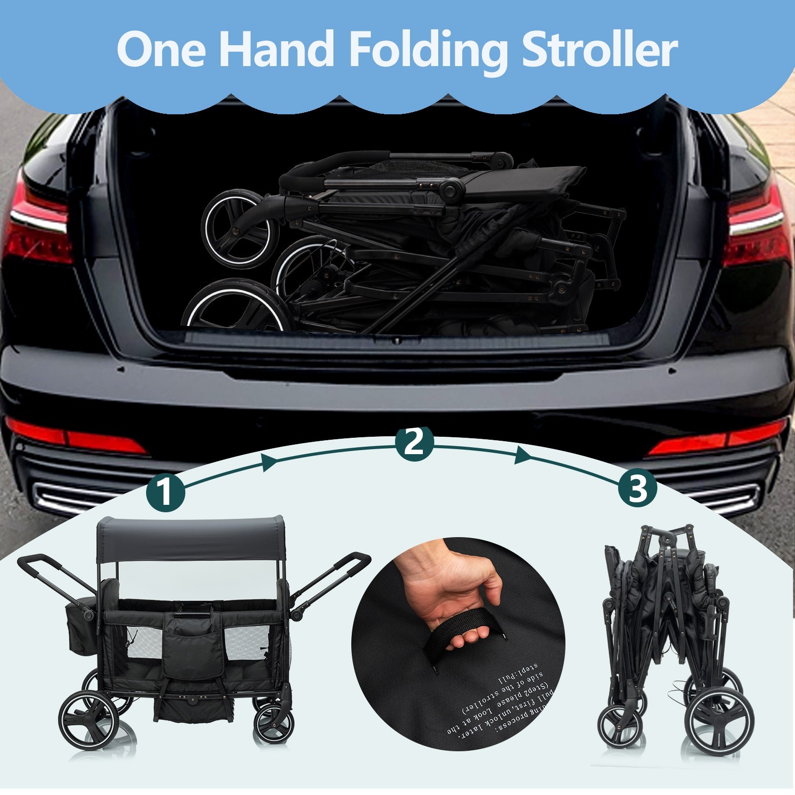 Wagon Stroller for 4 kids Lightweight folding baby stroller&with Mom's bag Black