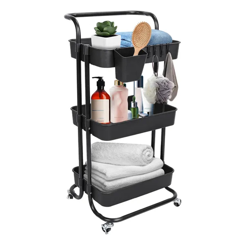 3 Tier Rolling Utility Cart Movable Storage Organizer with Mesh Baskets Lockable