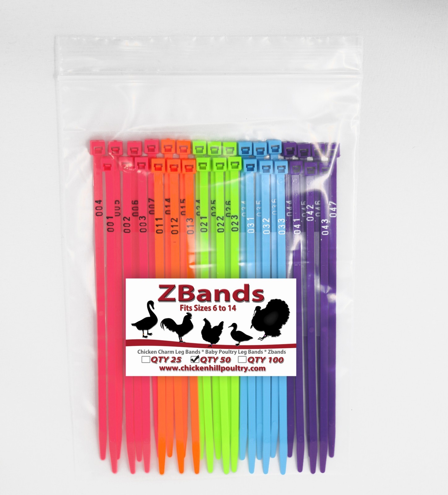 50 ZBand Numbered Poultry Leg Bands 5 Fluorescent Colors Per Pk 1 SZ Fits All