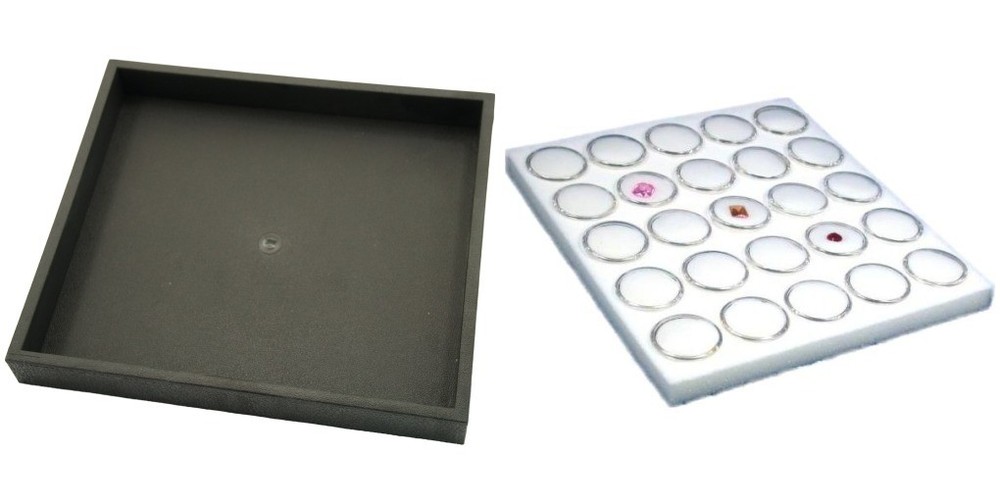 Black Open Square Stackable Jewelry Display Tray w/ White Foam 25 Gem Jar Insert