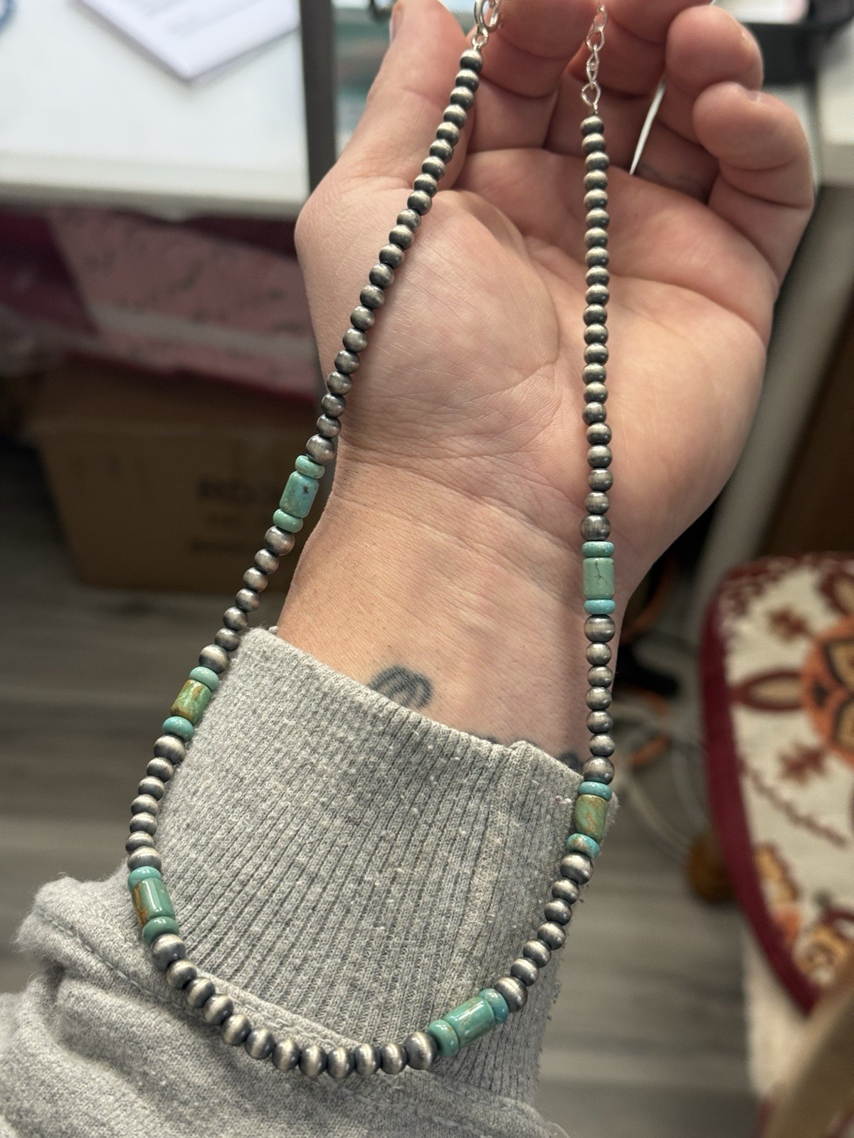 STERLING SILVER 5mm NAVAJO PEARL TURQUOISE CYLINDER BEADS BEADED NECKLACE .925