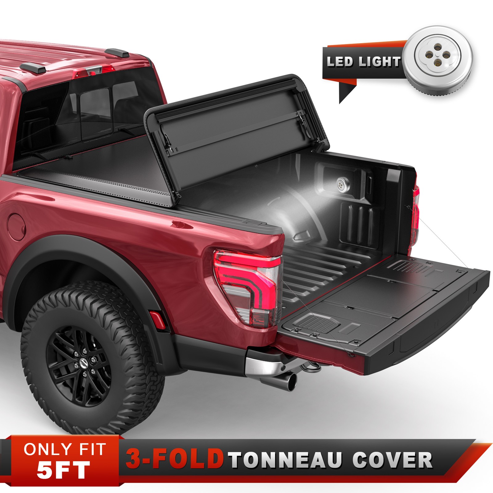 3Fold 5FT Vinyl Tonneau Cover For 2016-2026 Toyota Tacoma Bed w/ Lamp