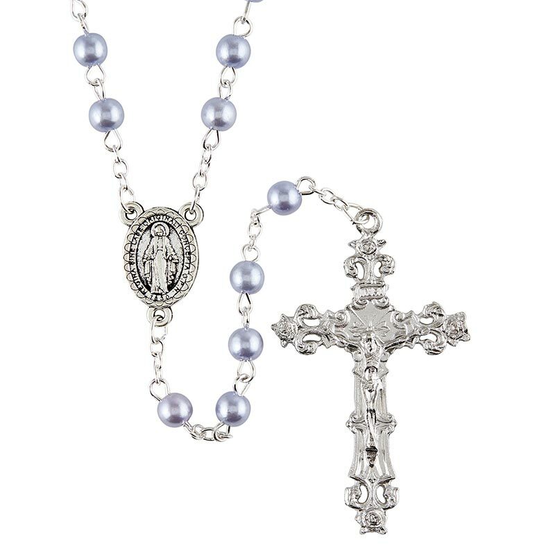 Blue Faux Pearl Rosary With Gift Box - 21" Long (J5651)