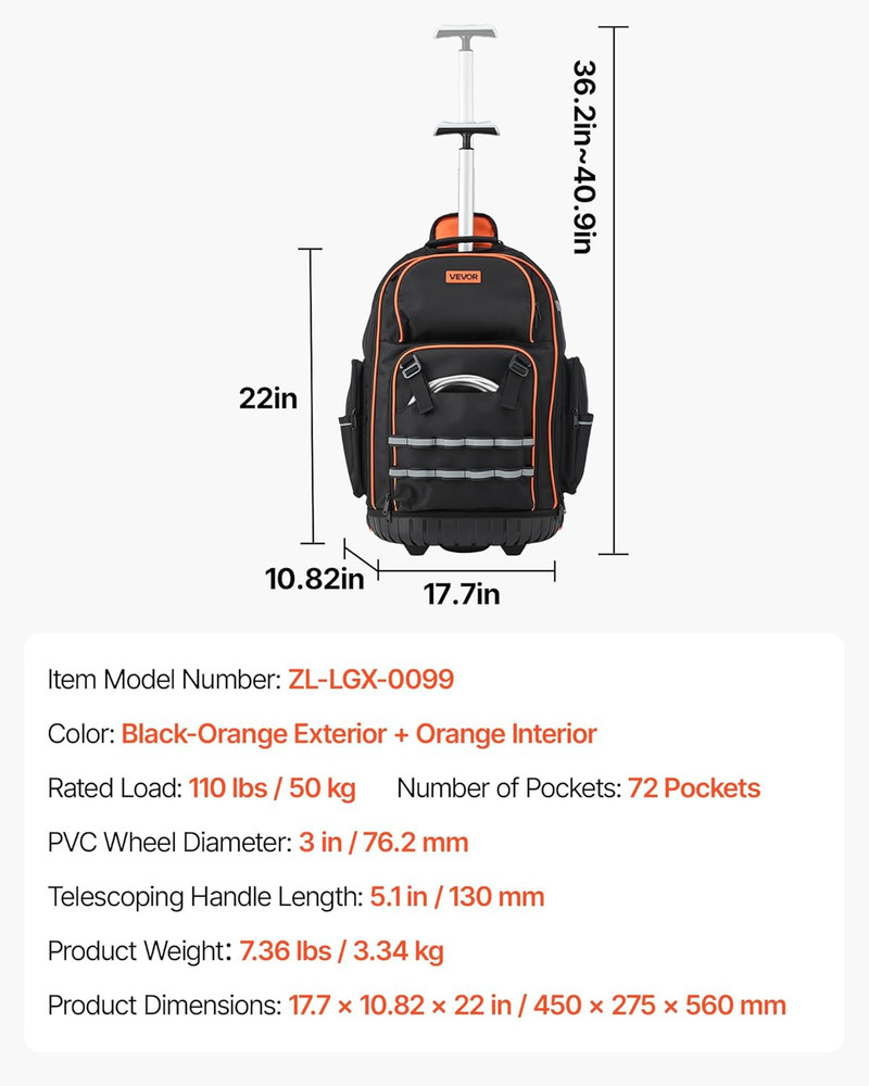 Rolling Tool Backpack, 110 Lbs Load Capacity, 72 Pockets Heavy Duty Roller Tool