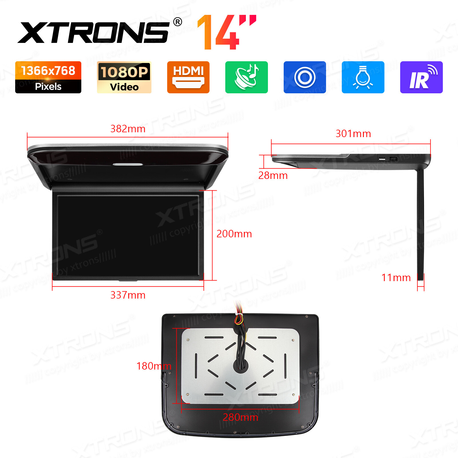 14" HD Screen Car TV Roof Flip Down Monitor 1080P Speakers HDMI AV-IN IR/FM