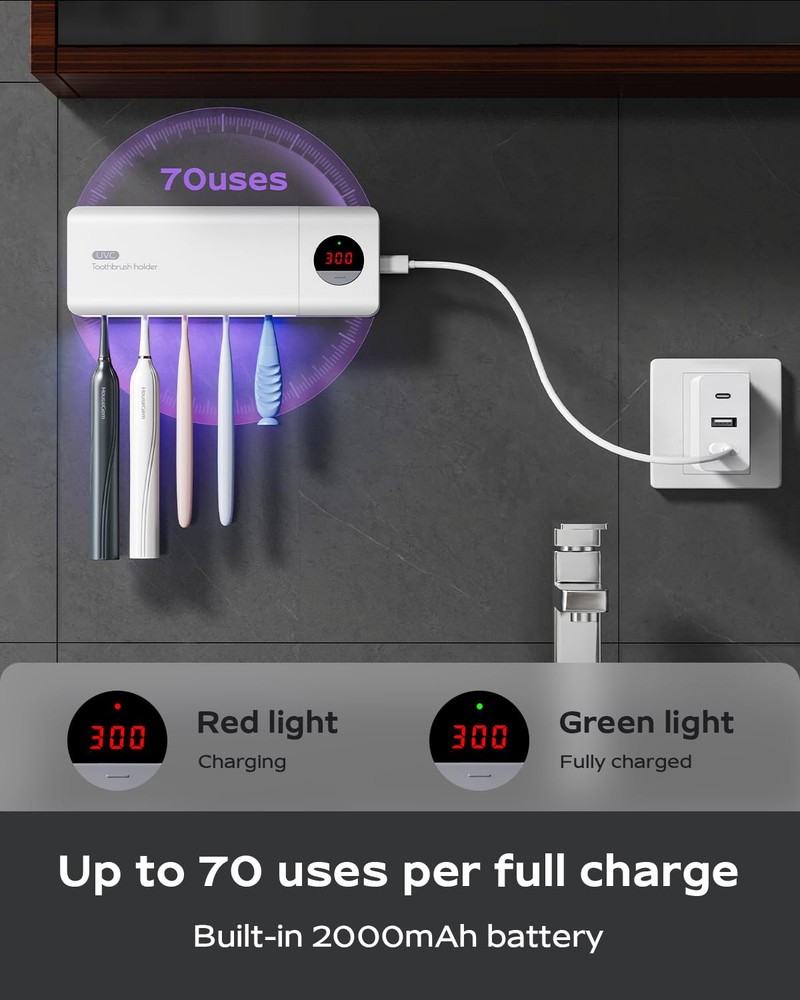 HouseGem Toothbrush Holder, Timer Function, 2000mAh Rechargeable Cordless Wal...