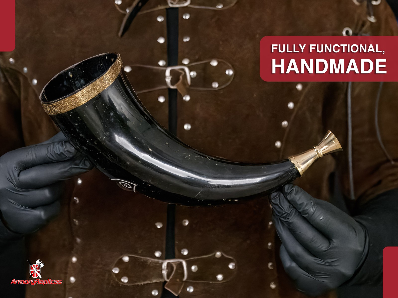 Medieval Viking Mjolnir Blowing Horn with Brass Rim - 9-12" Authentic Horn