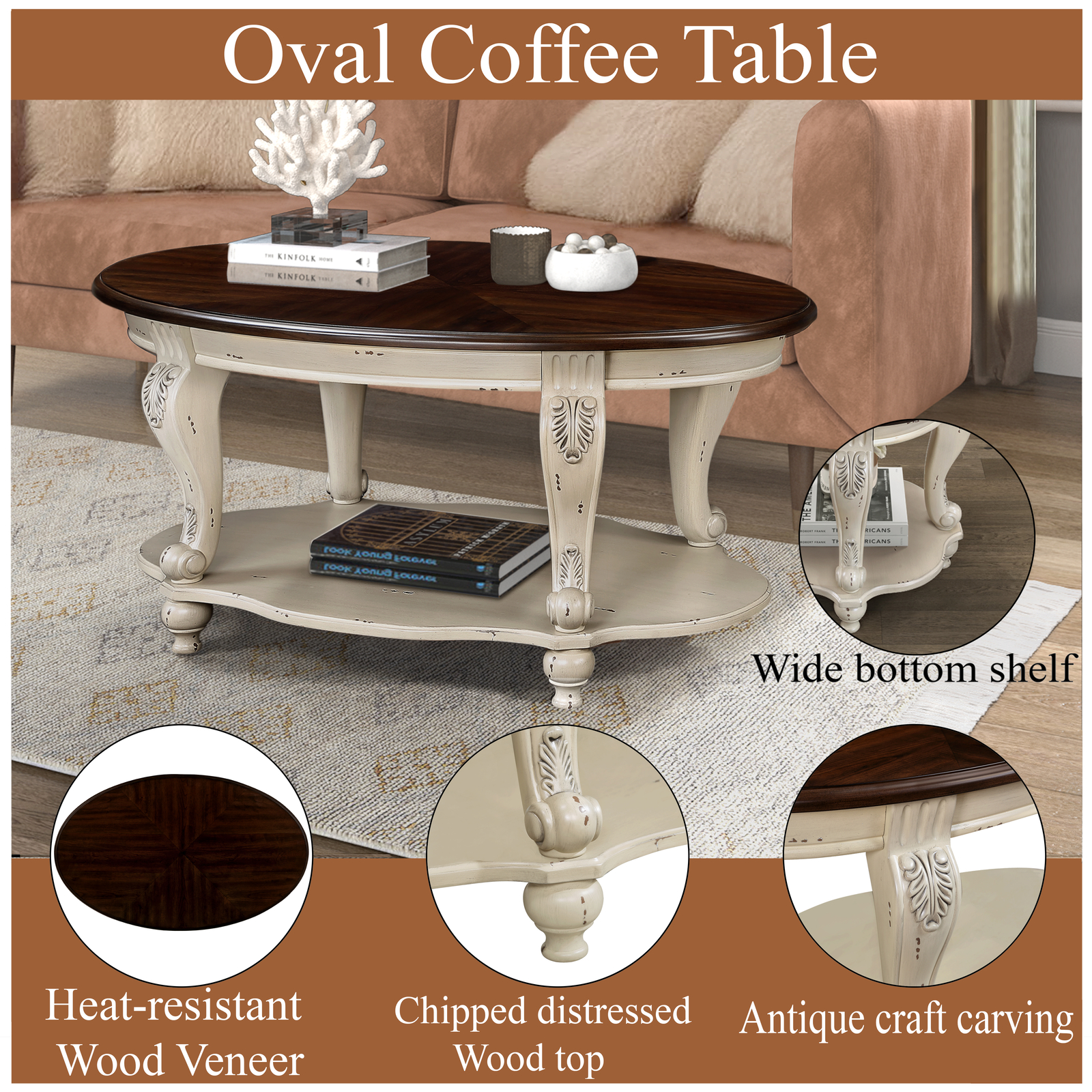 3 Pieces Table Set, Oval Coffee Table and 2 Round End Tables w/2 Tiers Storage