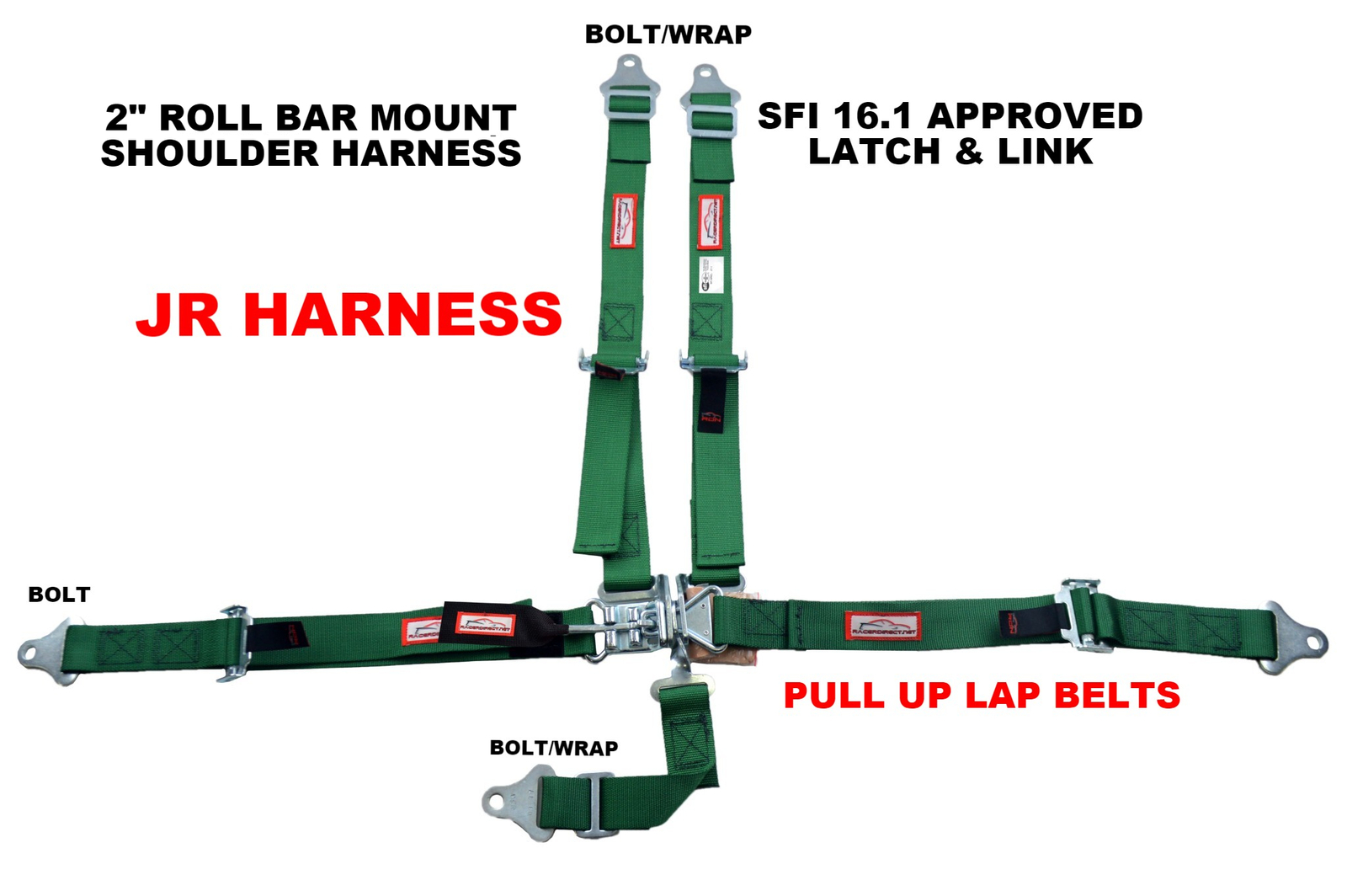 SFI 16.1 JR RACE HARNESS  RB MOUNT LATCH & LINK BOLT IN PULL UP LAP BELTS GREEN
