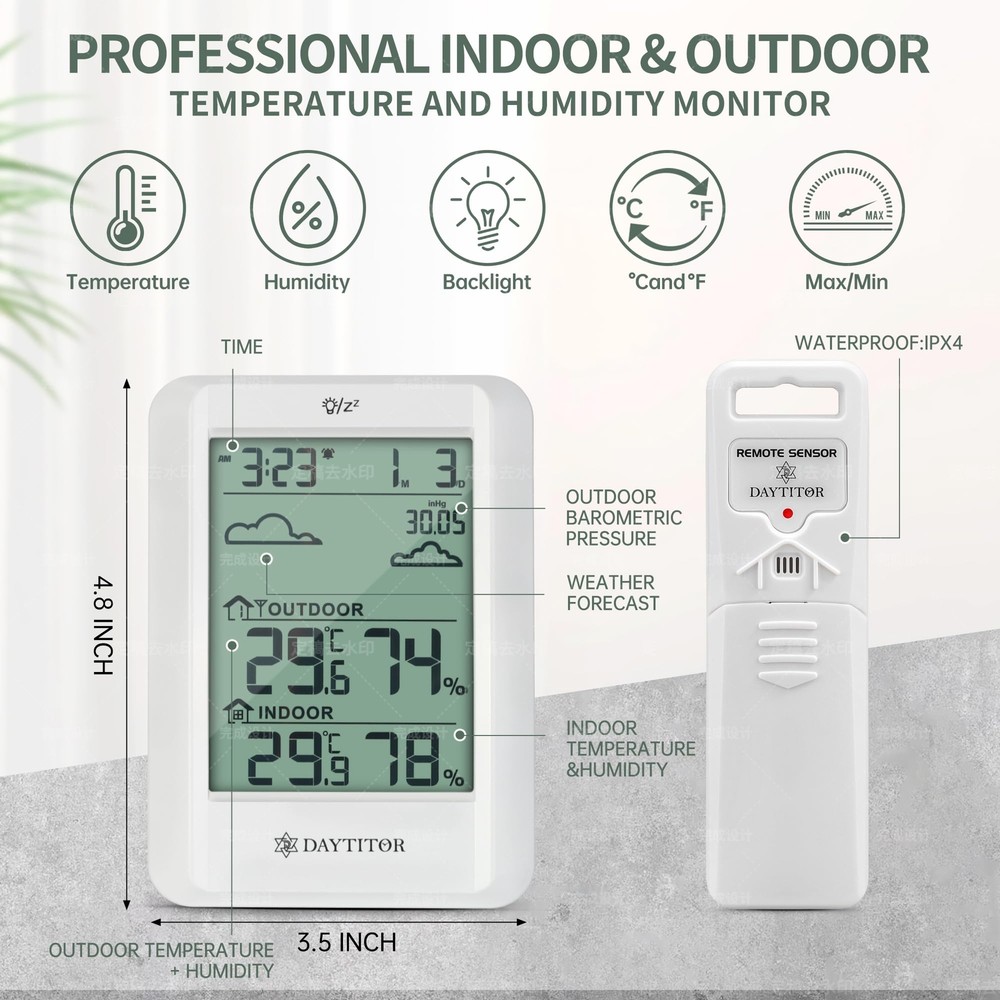 Indoor Outdoor Thermometer Wireless Digital Hygrometer,High Precision Tempera...