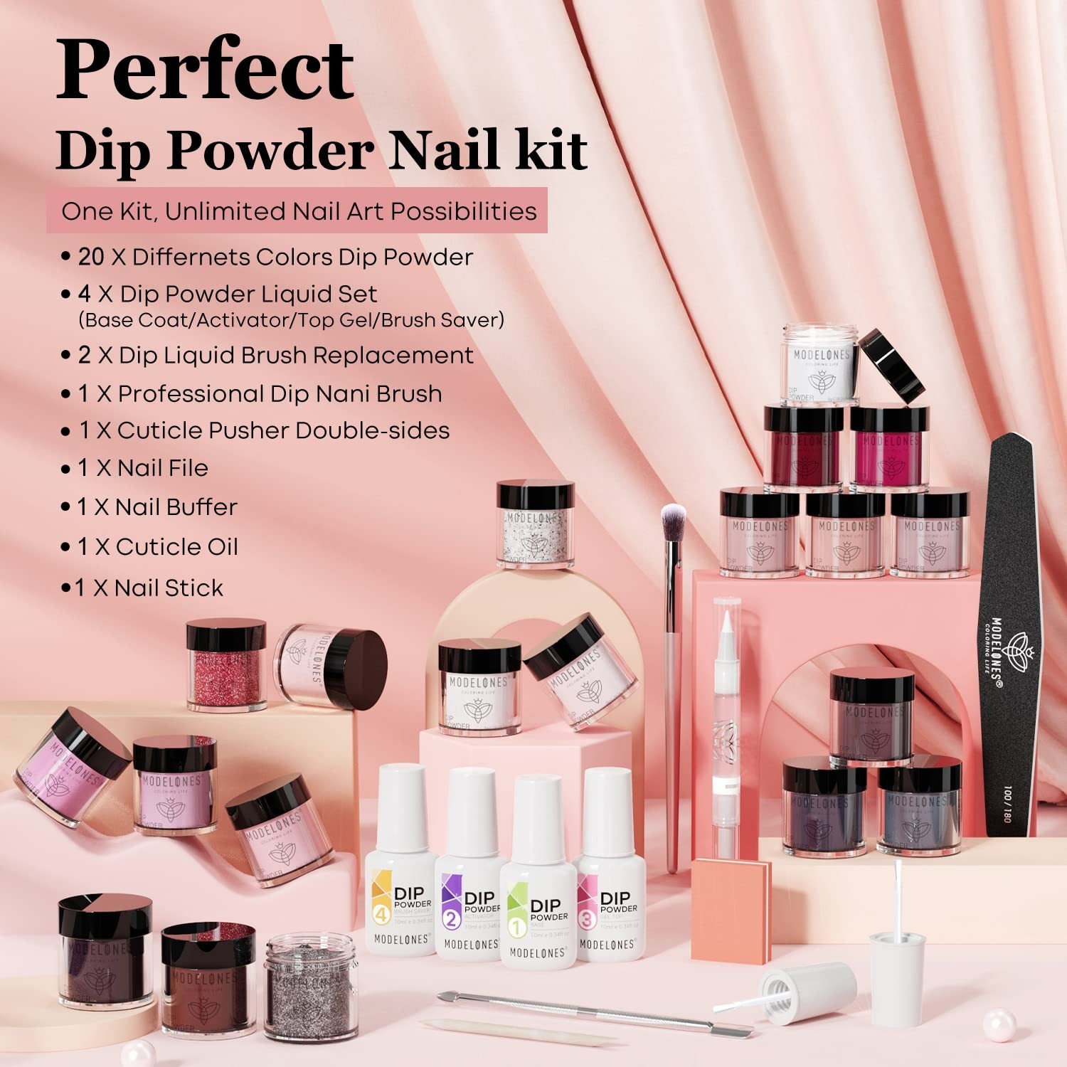 Modelones 32 Pcs Dip Powder Nail Kit Starter 20 Colors Nude Pink Acrylic Set NEW