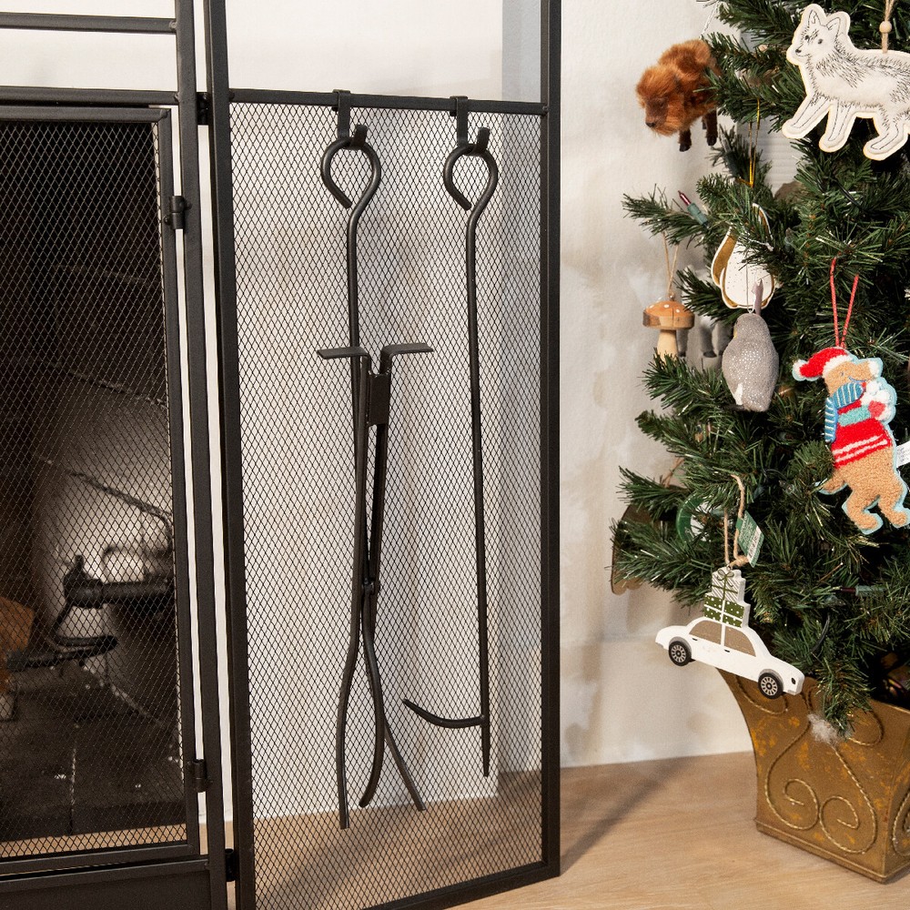 Barton 3-Panel Fireplace Screen Doors Guard With 4-Pieces Fireplace Tools Panels