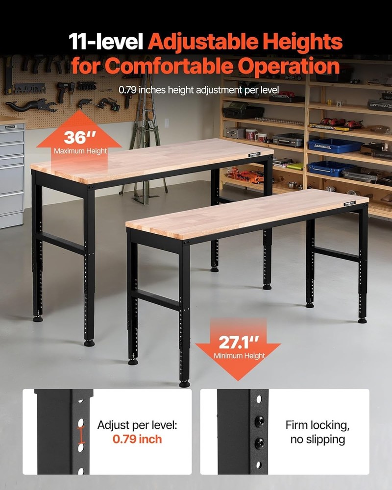 61" Heavy-Duty Adjustable Workbench - 2000 lbs Capacity & Power Outlets