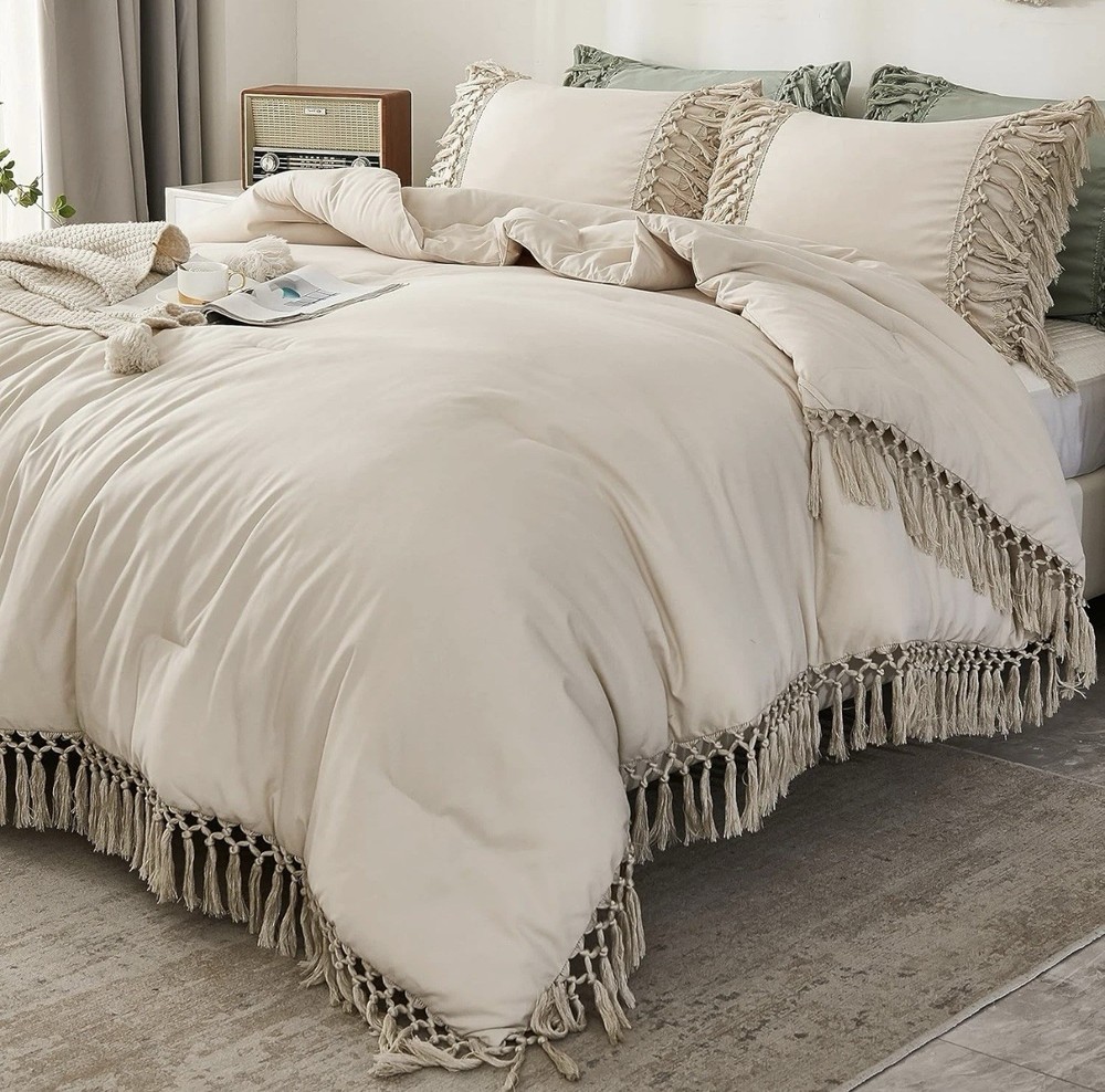 Comforter Queen Size Set Beige, 3 Pieces Tassel Boho Lightweight Winter Bedding